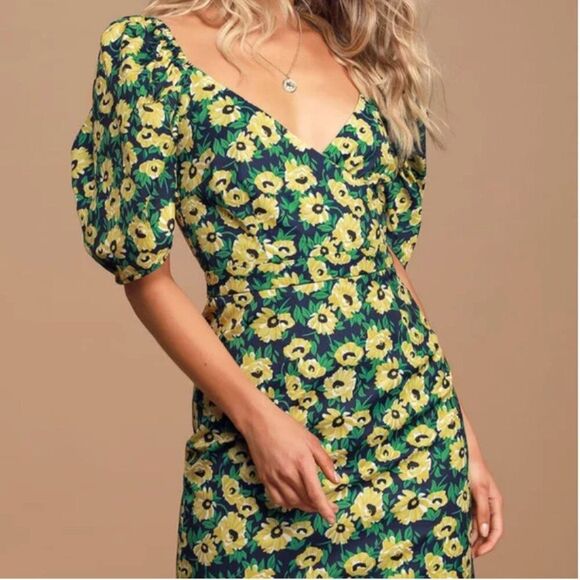 Lulus Floral Inclusive Floral Print Puff Sleeve Mini Dress Small Navy Yellow NEW - Picture 1 of 13